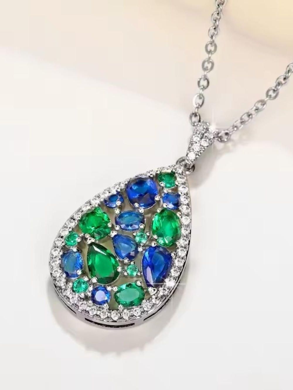 Silver Teardrop Necklace with Blue & Green Stones - Picture 3 of 7